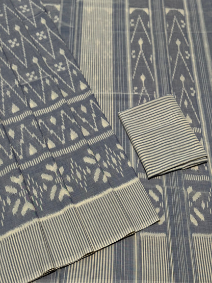 Ivory with powder blue handwoven weft single ikkat cotton saree
