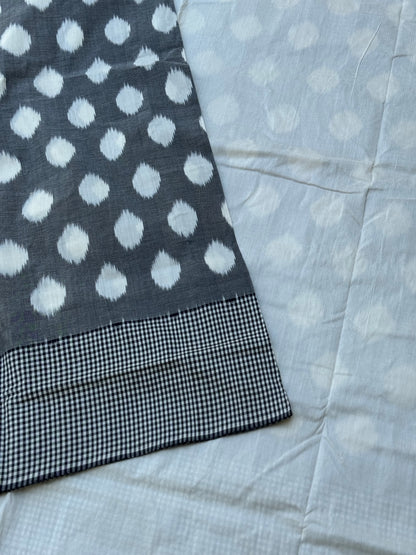 Black white handwoven weft single ikkat cotton saree