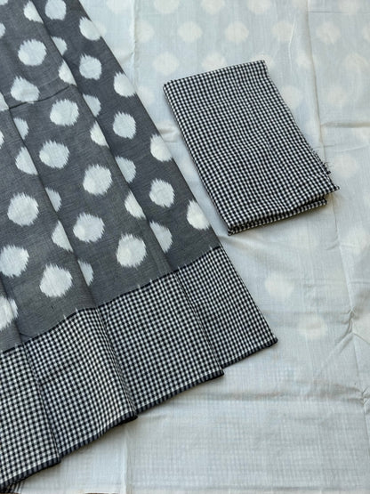 Black white handwoven weft single ikkat cotton saree