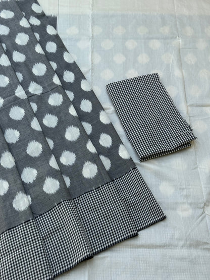 Black white handwoven weft single ikkat cotton saree