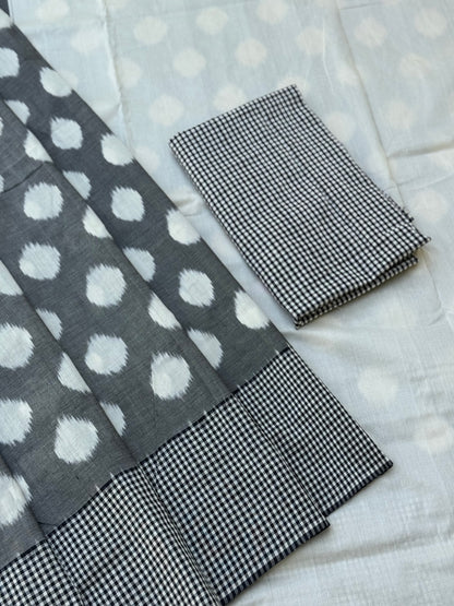 Black white handwoven weft single ikkat cotton saree
