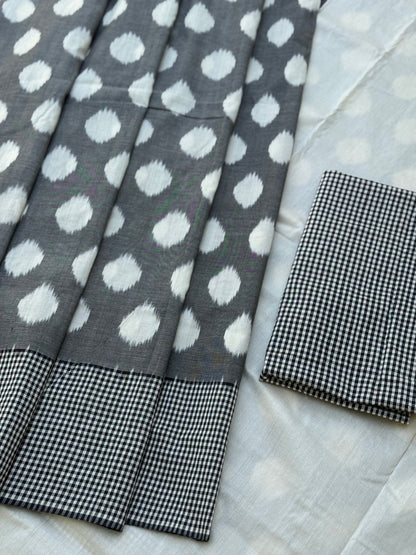 Black white handwoven weft single ikkat cotton saree