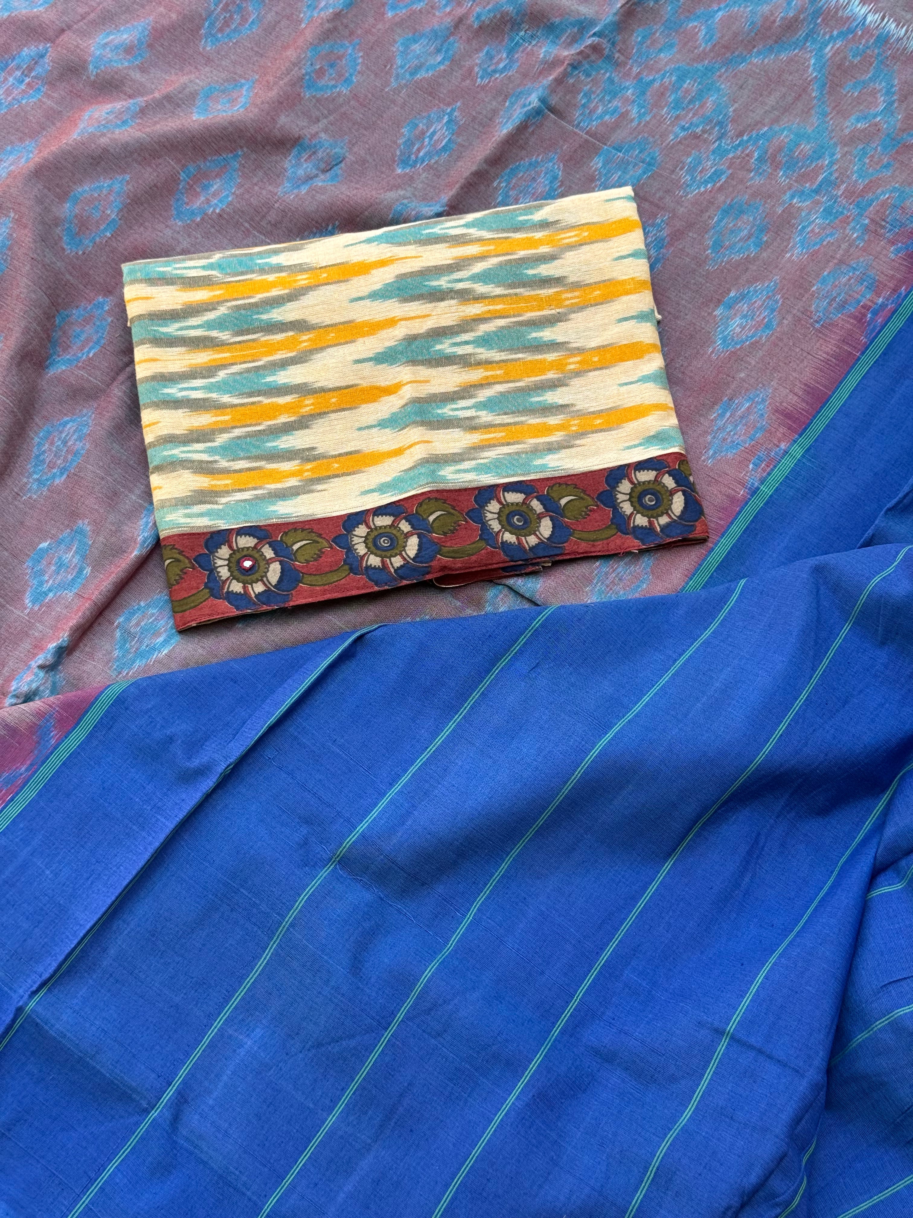 Blue with brown handwoven weft single ikkat cotton saree