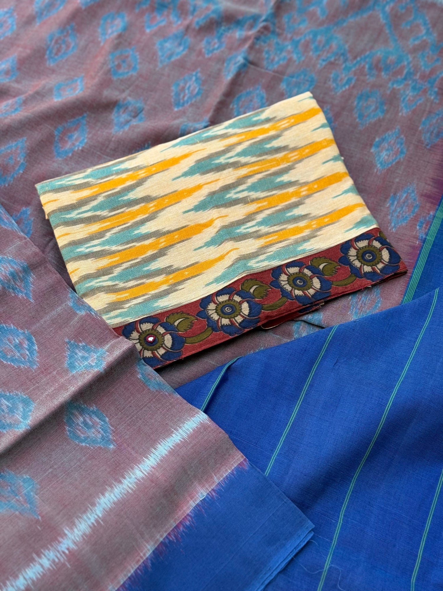 Blue with brown handwoven weft single ikkat cotton saree