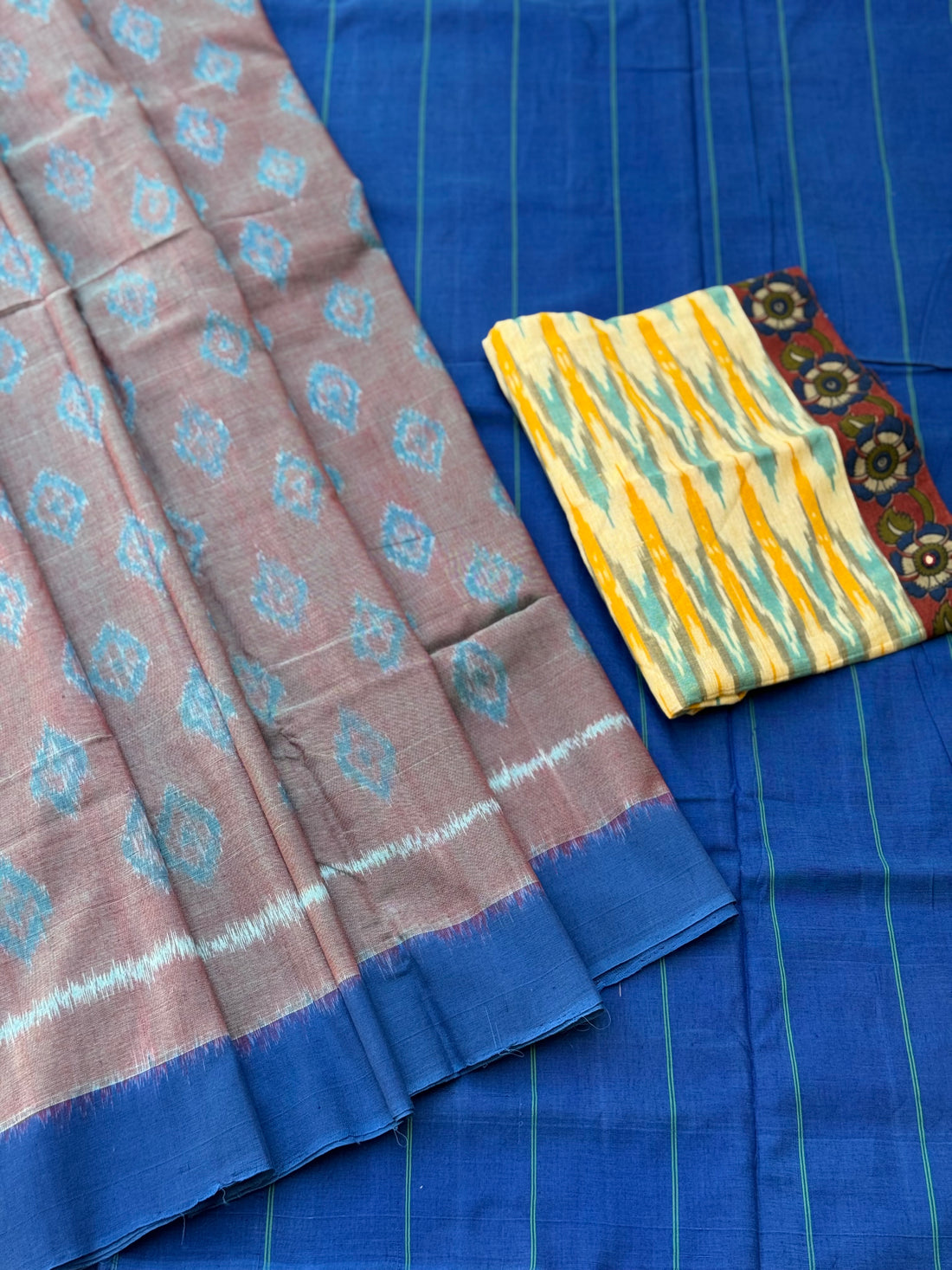 Blue with brown handwoven weft single ikkat cotton saree