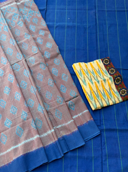 Blue with brown handwoven weft single ikkat cotton saree