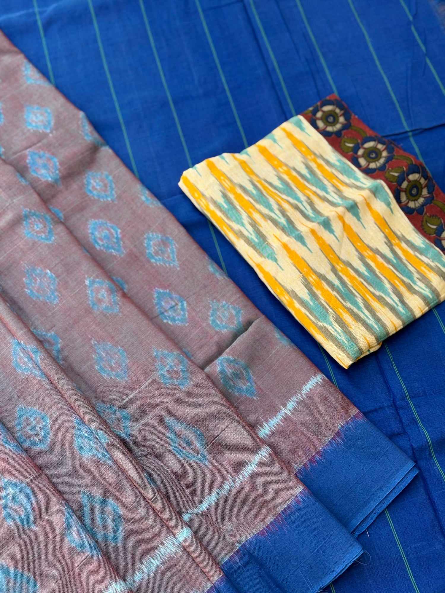 Blue with brown handwoven weft single ikkat cotton saree
