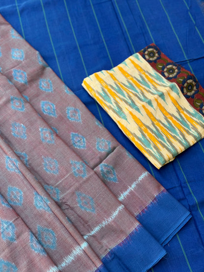 Blue with brown handwoven weft single ikkat cotton saree