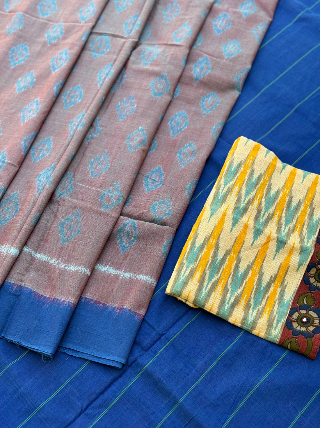 Blue with brown handwoven weft single ikkat cotton saree