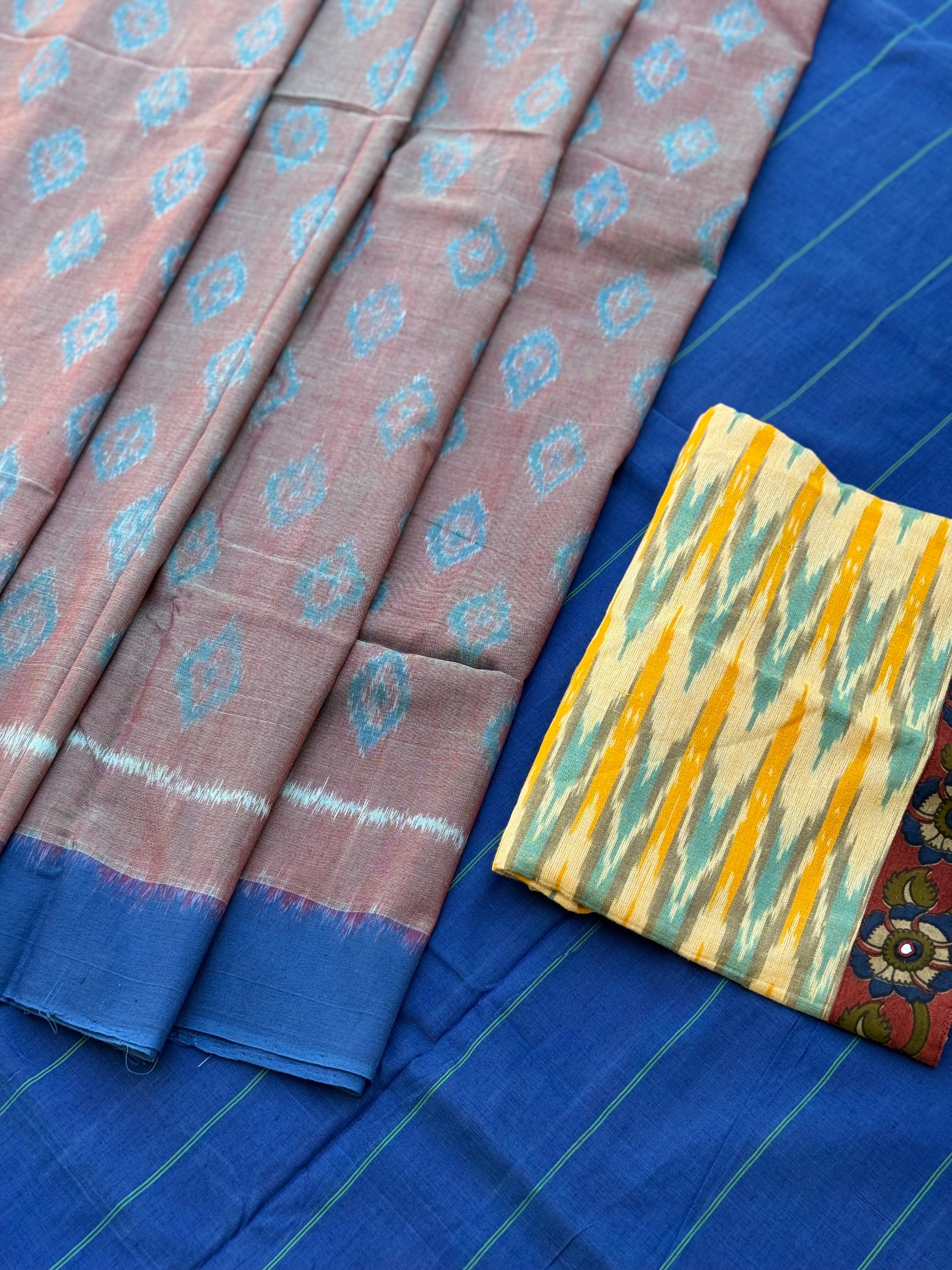 Blue with brown handwoven weft single ikkat cotton saree