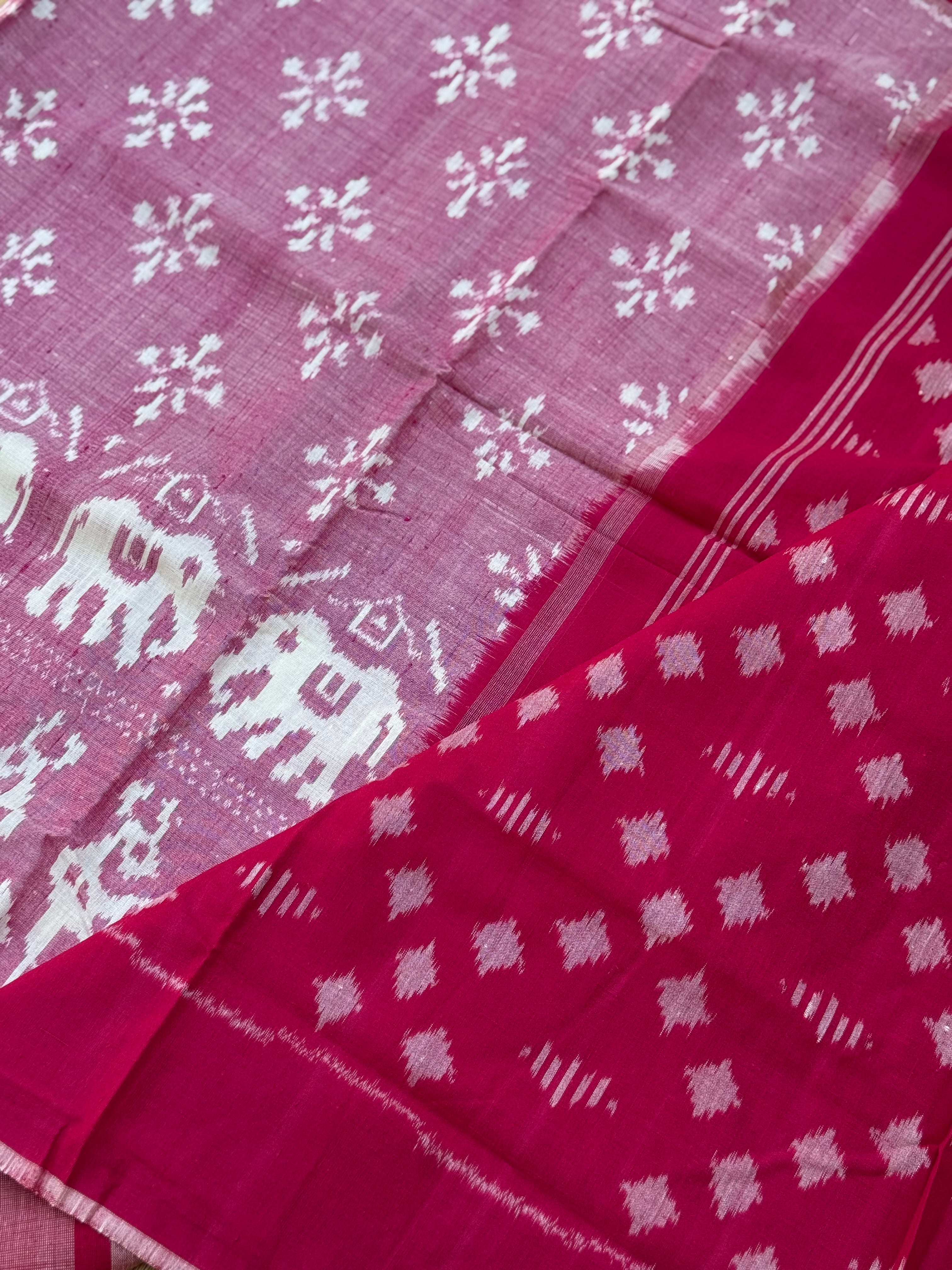 Mauve pink with Rani pink  handwoven weft single ikkat Munga tussar by cotton saree