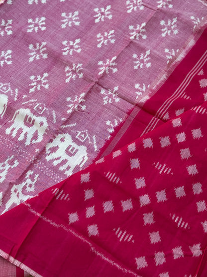 Mauve pink with Rani pink  handwoven weft single ikkat Munga tussar by cotton saree