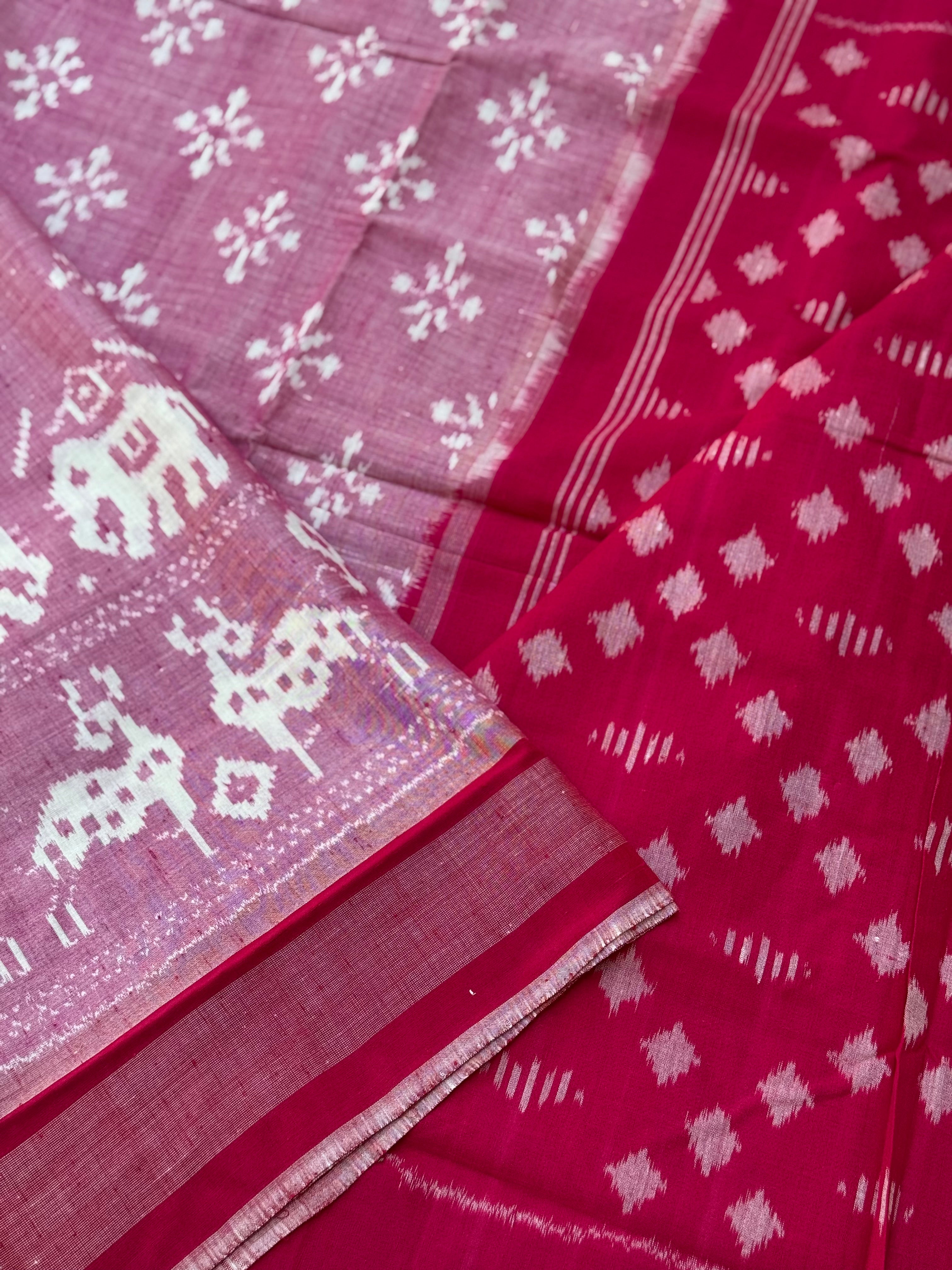 Mauve pink with Rani pink  handwoven weft single ikkat Munga tussar by cotton saree