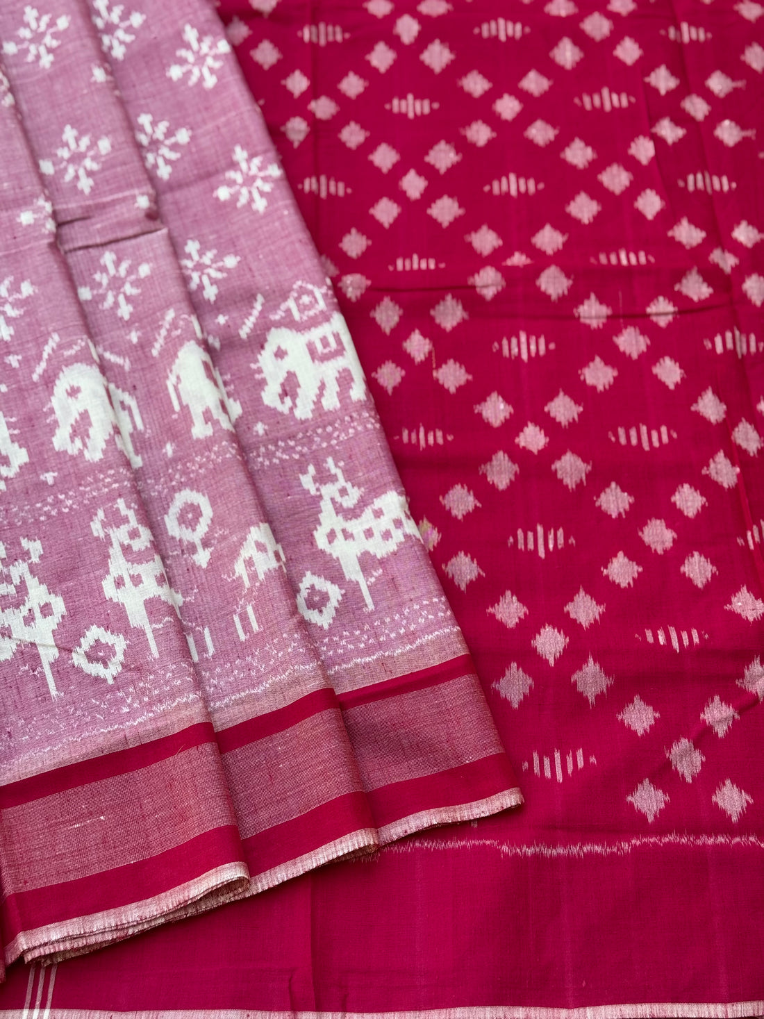 Mauve pink with Rani pink  handwoven weft single ikkat Munga tussar by cotton saree
