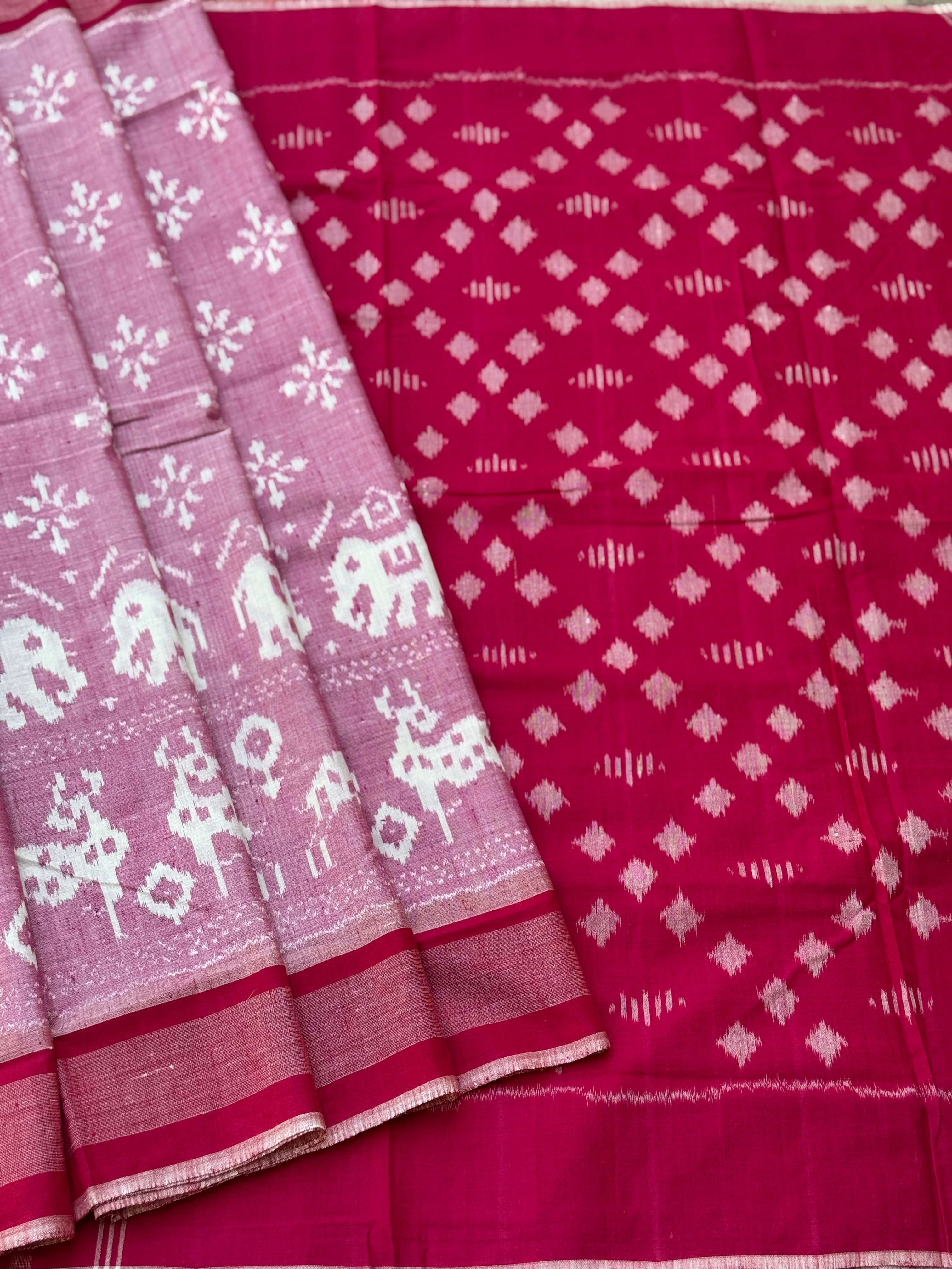 Mauve pink with Rani pink  handwoven weft single ikkat Munga tussar by cotton saree