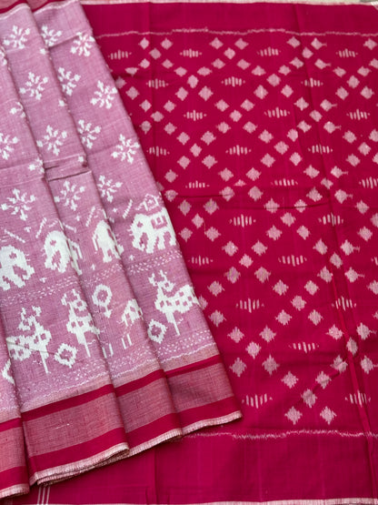 Mauve pink with Rani pink  handwoven weft single ikkat Munga tussar by cotton saree