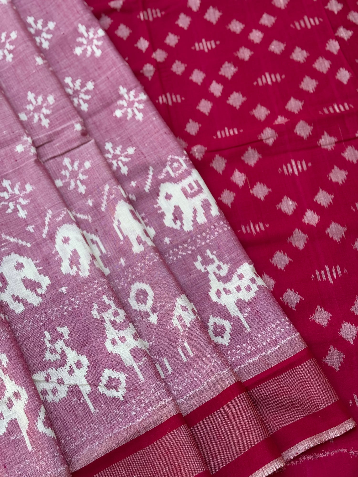 Mauve pink with Rani pink  handwoven weft single ikkat Munga tussar by cotton saree