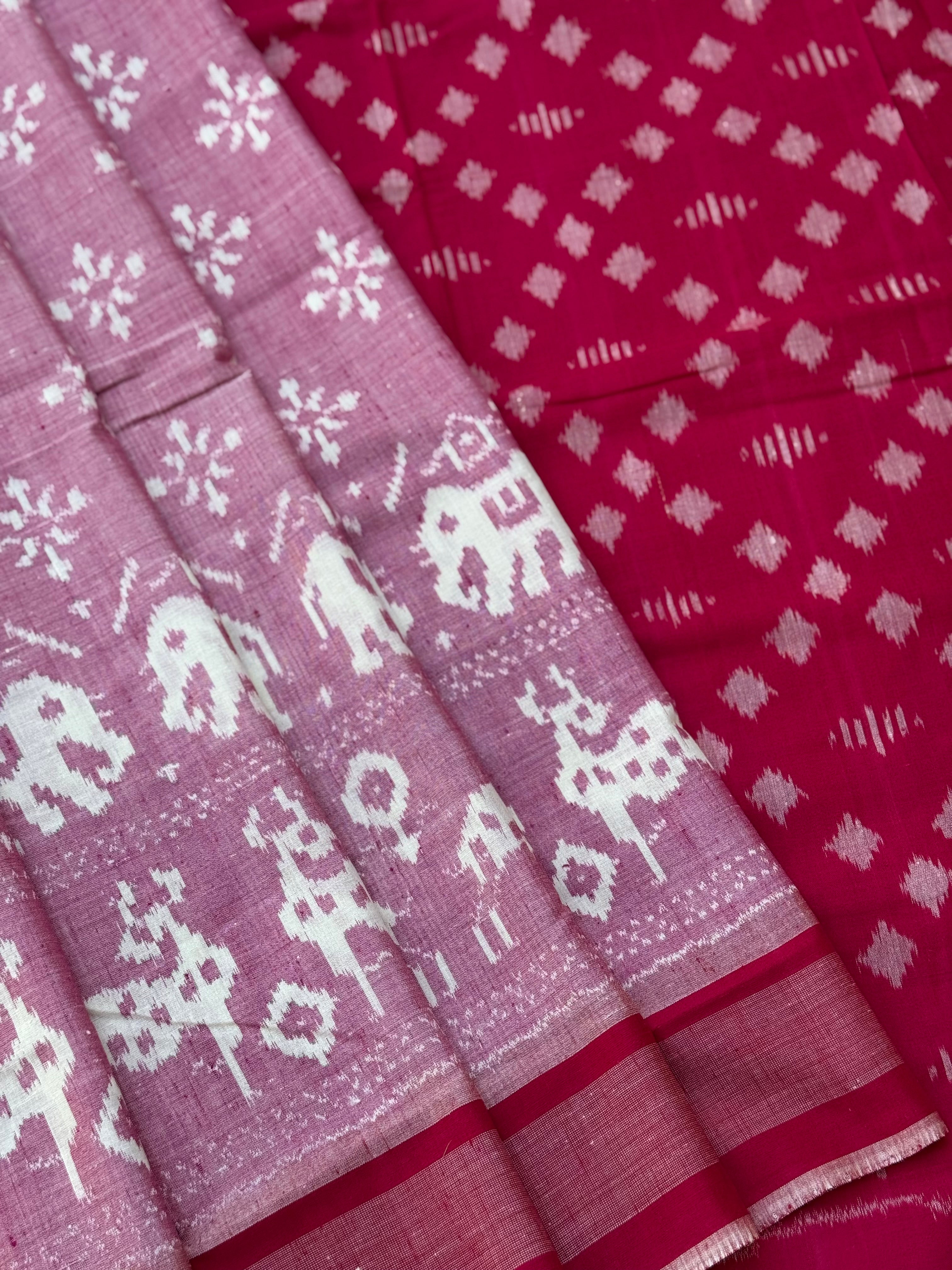 Mauve pink with Rani pink  handwoven weft single ikkat Munga tussar by cotton saree