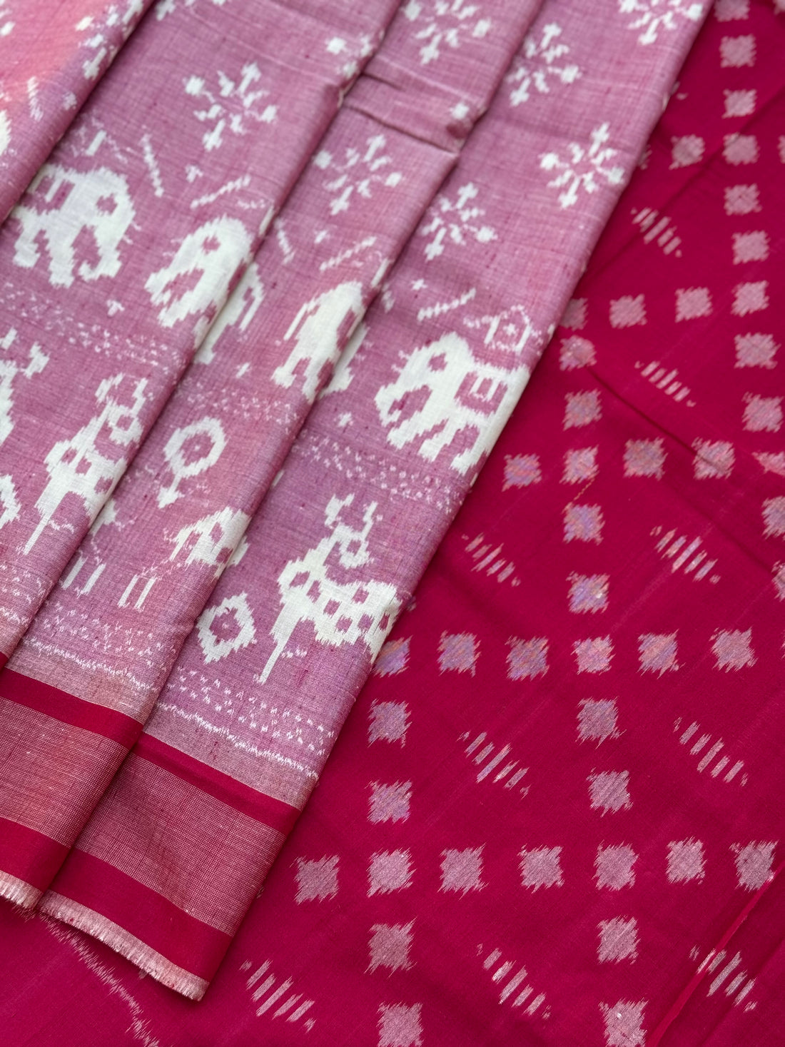 Mauve pink with Rani pink  handwoven weft single ikkat Munga tussar by cotton saree