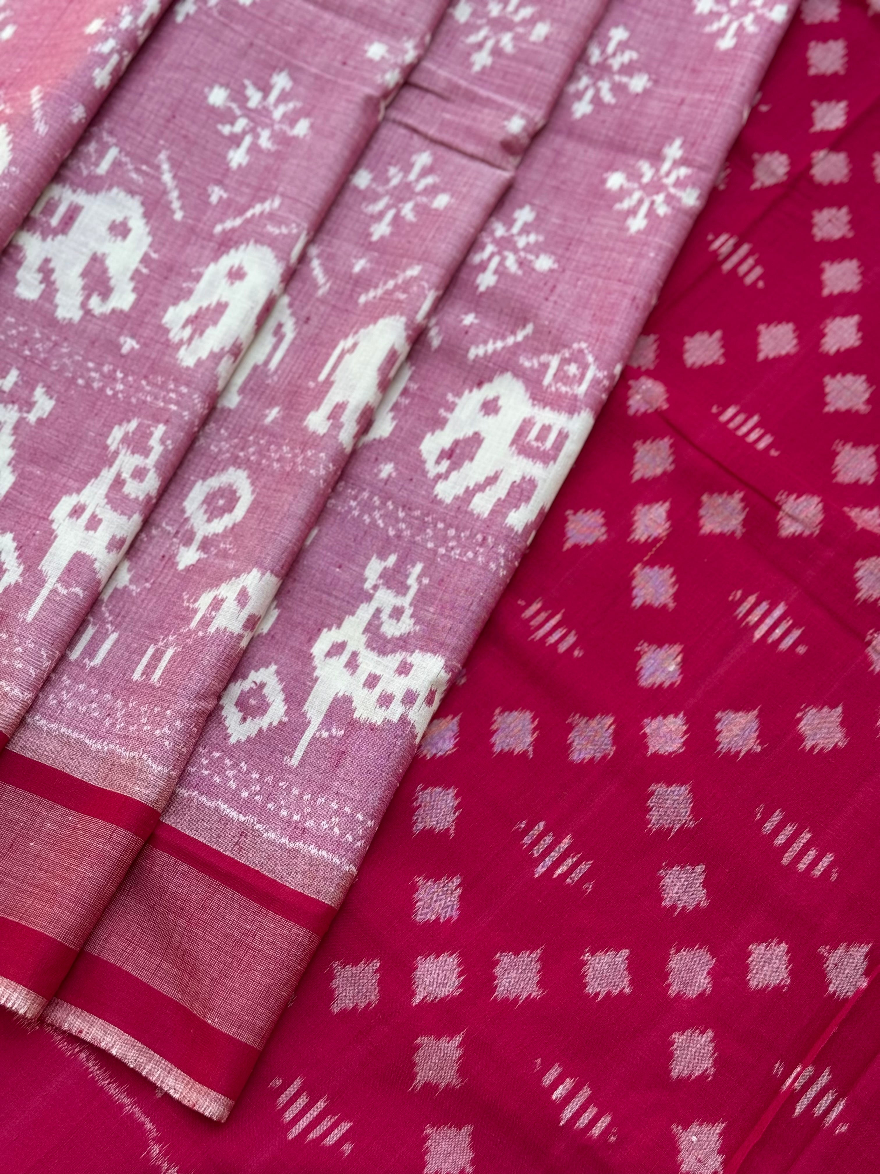 Mauve pink with Rani pink  handwoven weft single ikkat Munga tussar by cotton saree