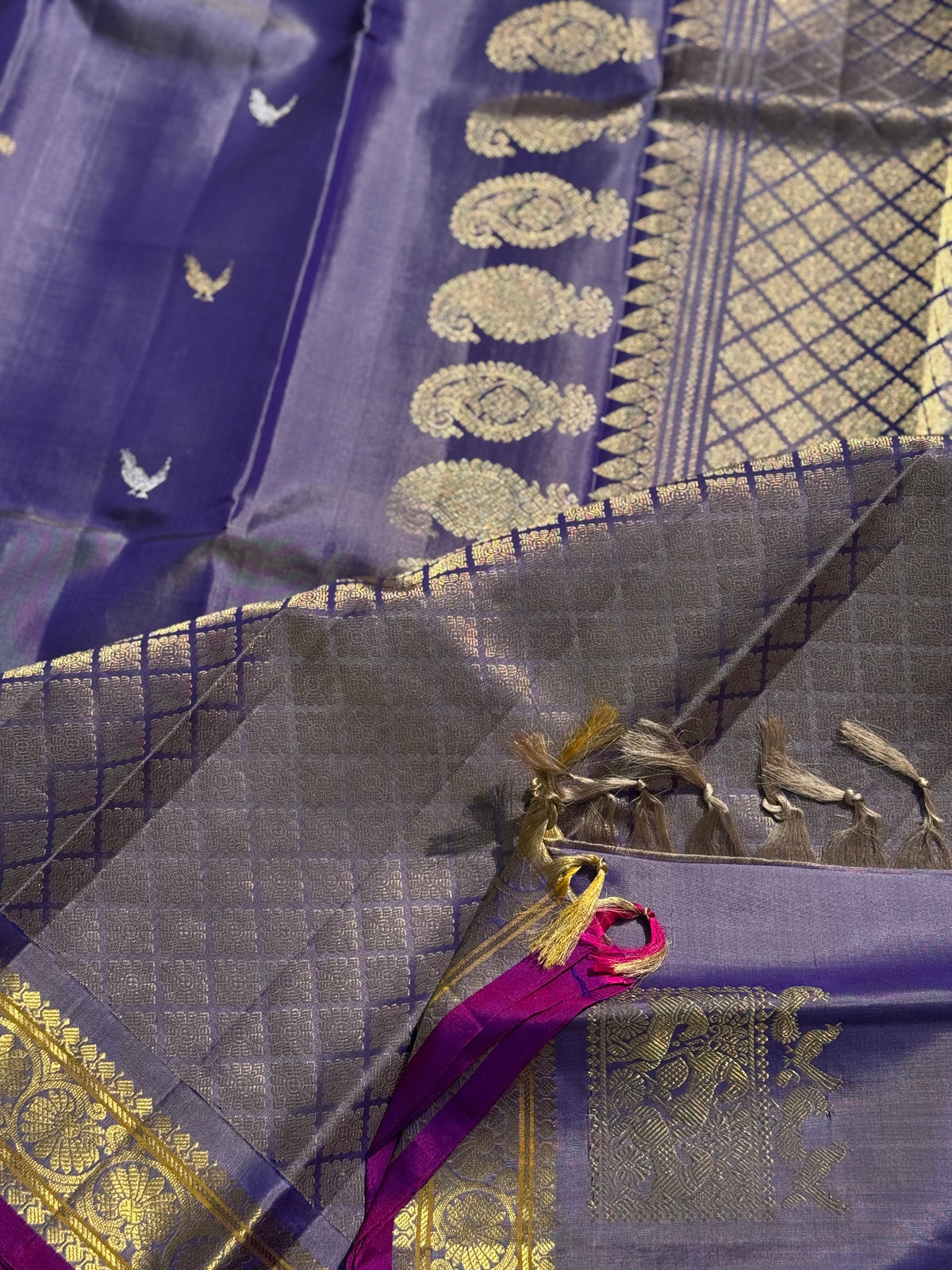 Handwoven kuttu gadwal silk saree with silver zari woven box design