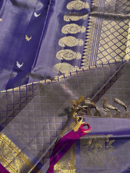 Handwoven kuttu gadwal silk saree with silver zari woven box design