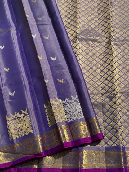Handwoven kuttu gadwal silk saree with silver zari woven box design