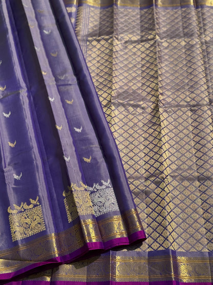 Handwoven kuttu gadwal silk saree with silver zari woven box design