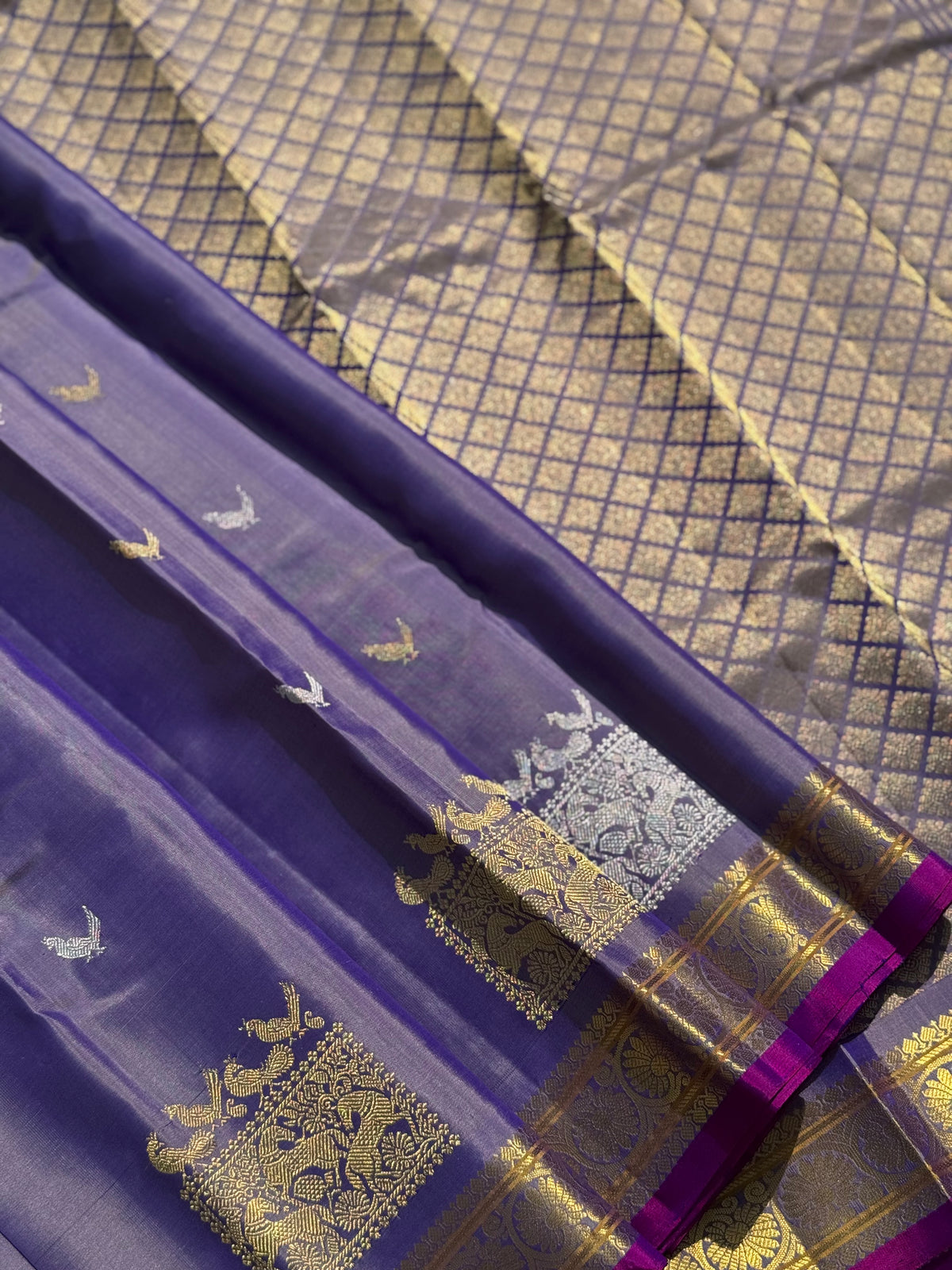 Handwoven kuttu gadwal silk saree with silver zari woven box design