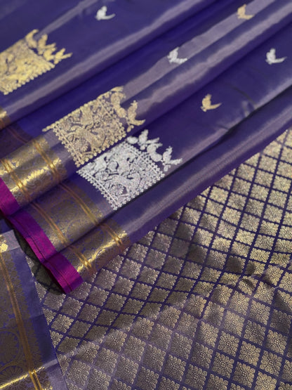 Handwoven kuttu gadwal silk saree with silver zari woven box design