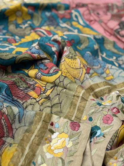 A masterpiece fusion of authentic Parsigara Handdrawn handpainted nayaka inspired penkalamkari on mulberry silk