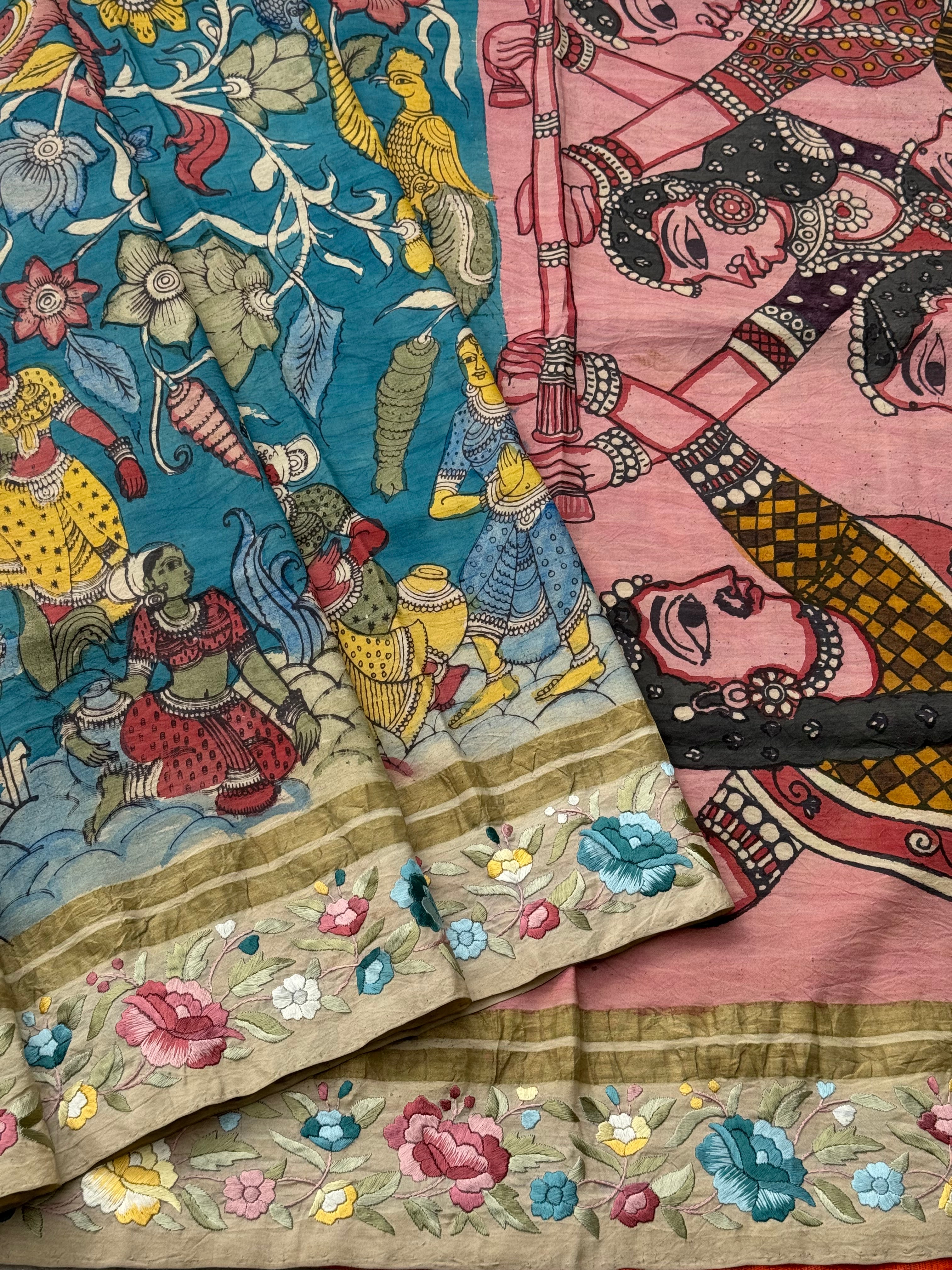 A masterpiece fusion of authentic Parsigara Handdrawn handpainted nayaka inspired penkalamkari on mulberry silk