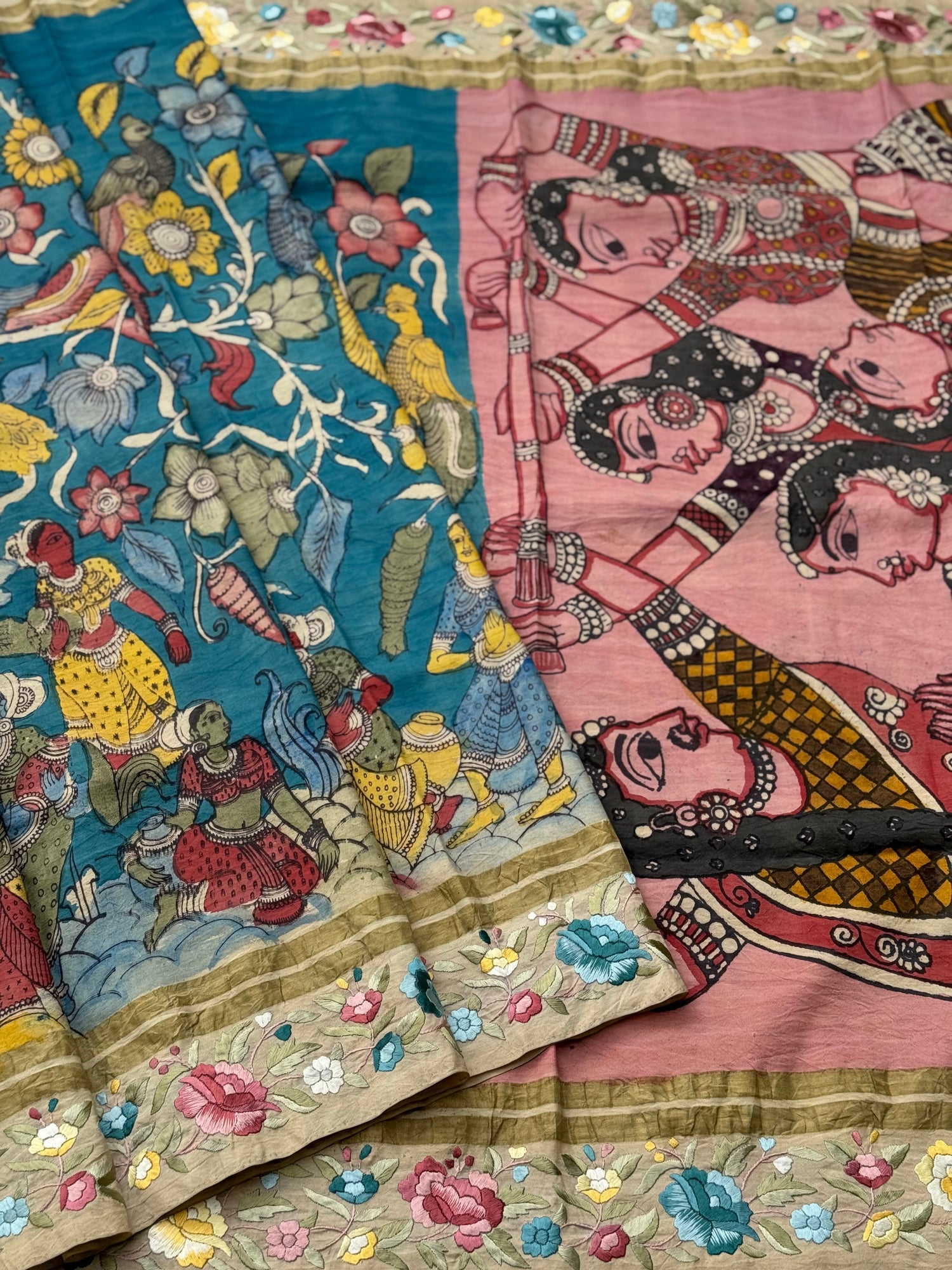 A masterpiece fusion of authentic Parsigara Handdrawn handpainted nayaka inspired penkalamkari on mulberry silk