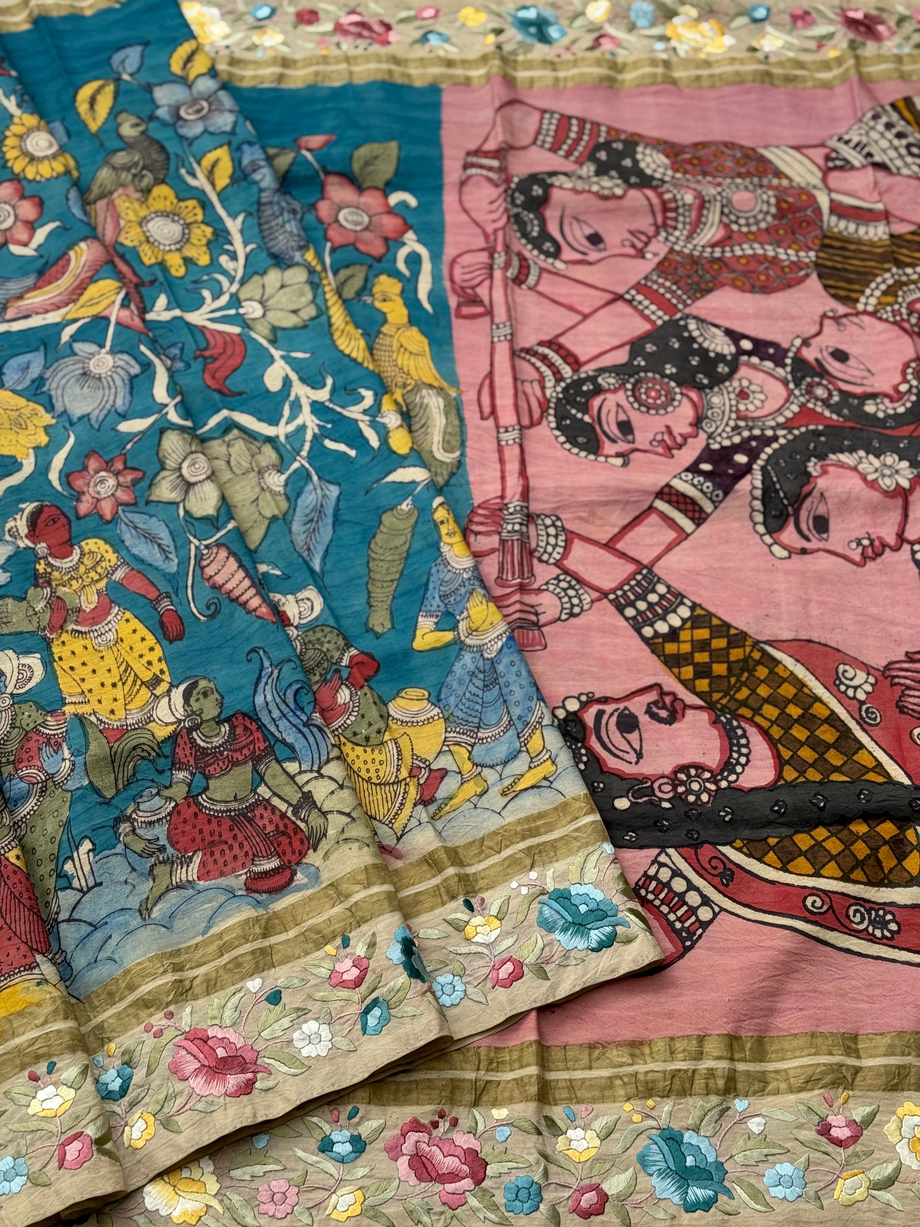 A masterpiece fusion of authentic Parsigara Handdrawn handpainted nayaka inspired penkalamkari on mulberry silk