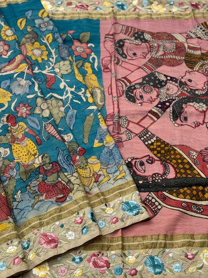 A masterpiece fusion of authentic Parsigara Handdrawn handpainted nayaka inspired penkalamkari on mulberry silk