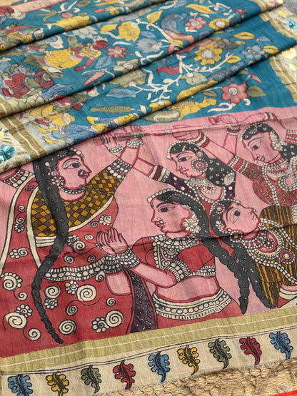 A masterpiece fusion of authentic Parsigara Handdrawn handpainted nayaka inspired penkalamkari on mulberry silk