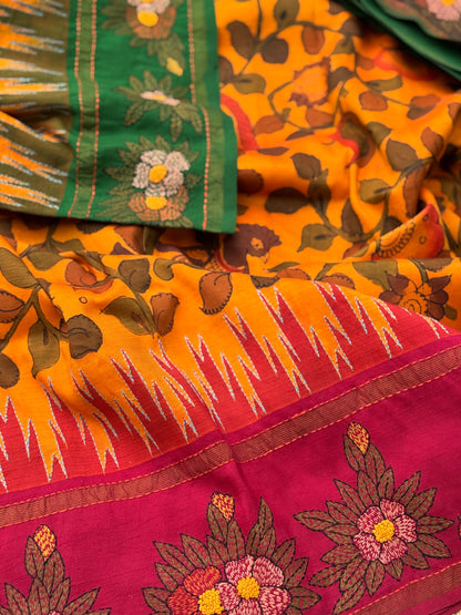 A masterpiece Kathawork handembroidery kanchivaram korvai silk saree with penkalamkari
