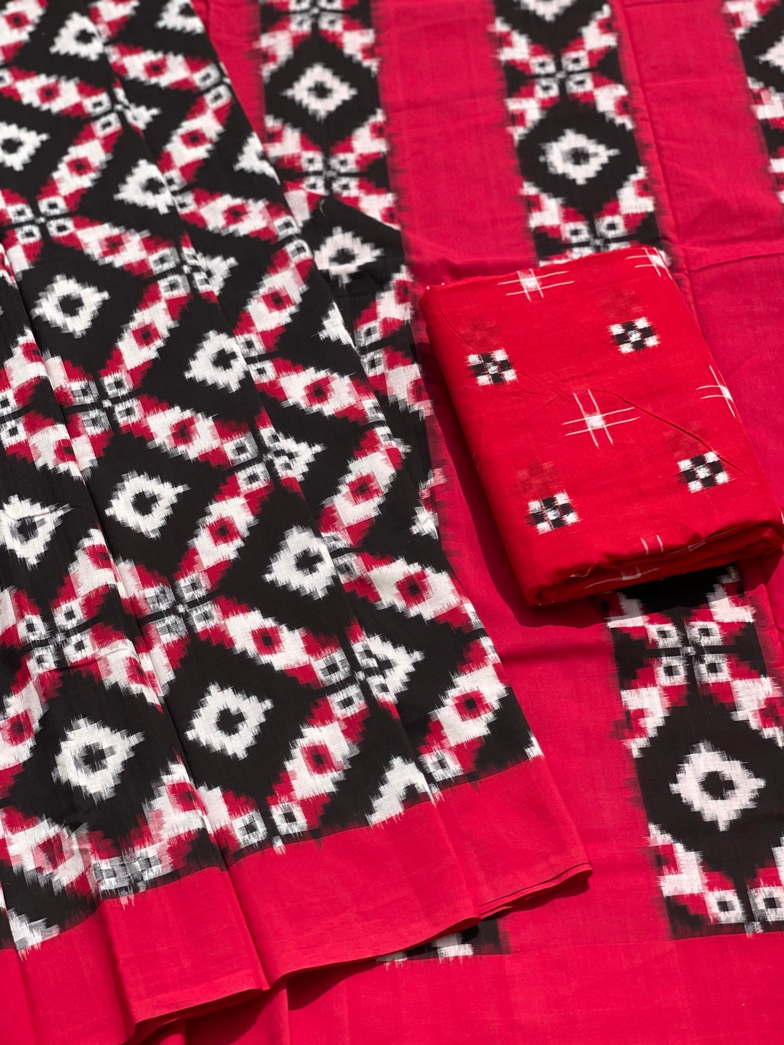 Black and Red Pochampally Double Ikat Silk Handloom Saree with Half Pl –  Uppada