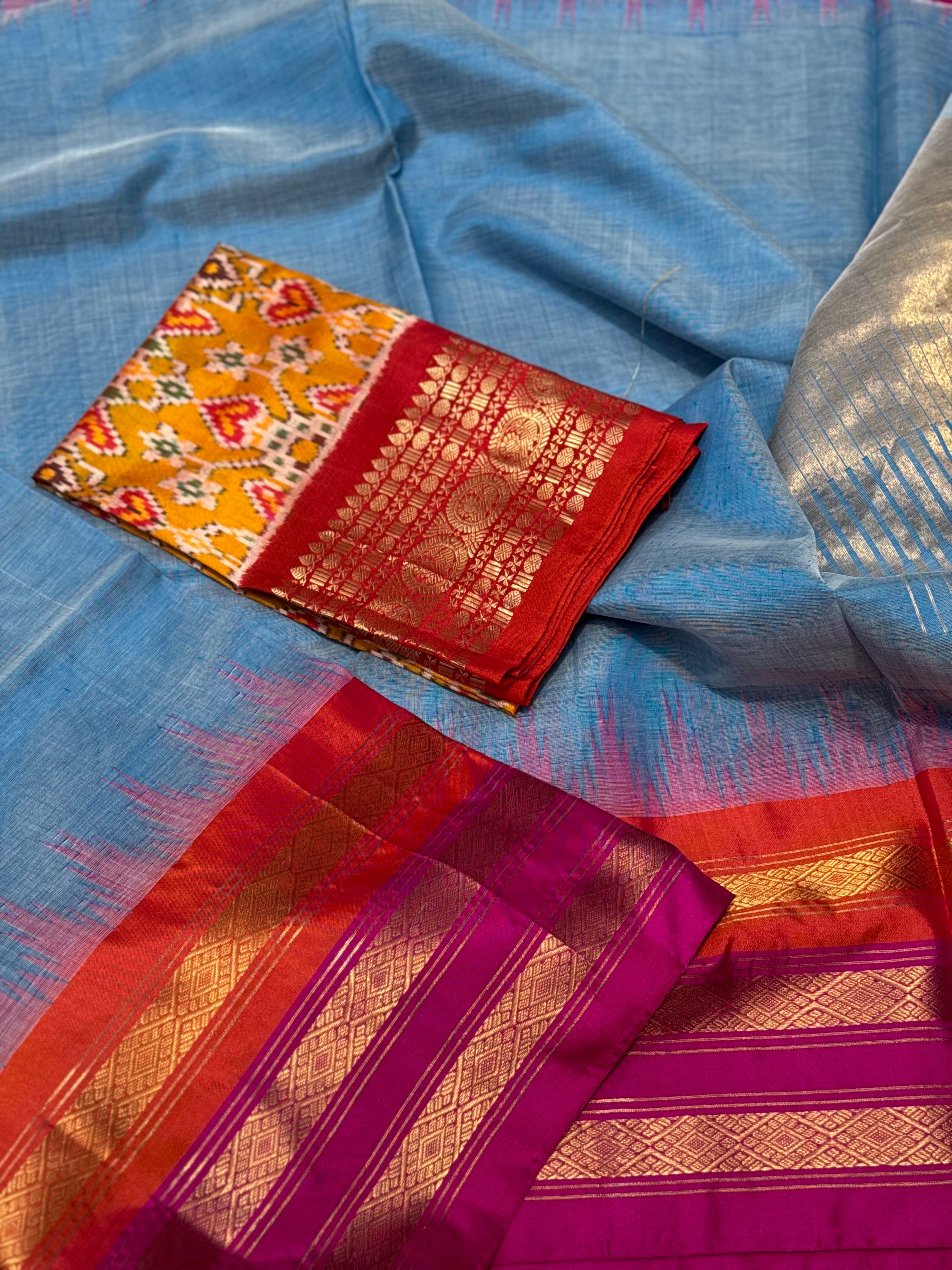 Handspun and handwoven ponduru Khadhi cotton saree with zari checks
