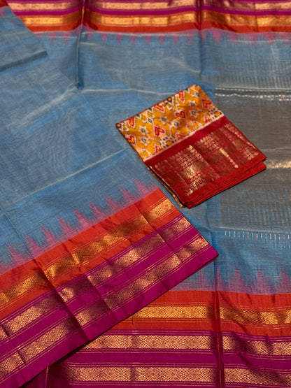 Handspun and handwoven ponduru Khadhi cotton saree with zari checks