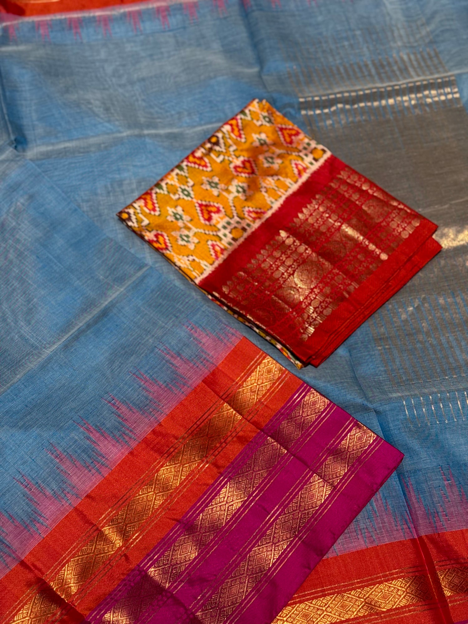 Handspun and handwoven ponduru Khadhi cotton saree with zari checks