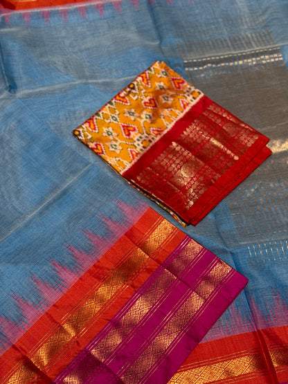 Handspun and handwoven ponduru Khadhi cotton saree with zari checks