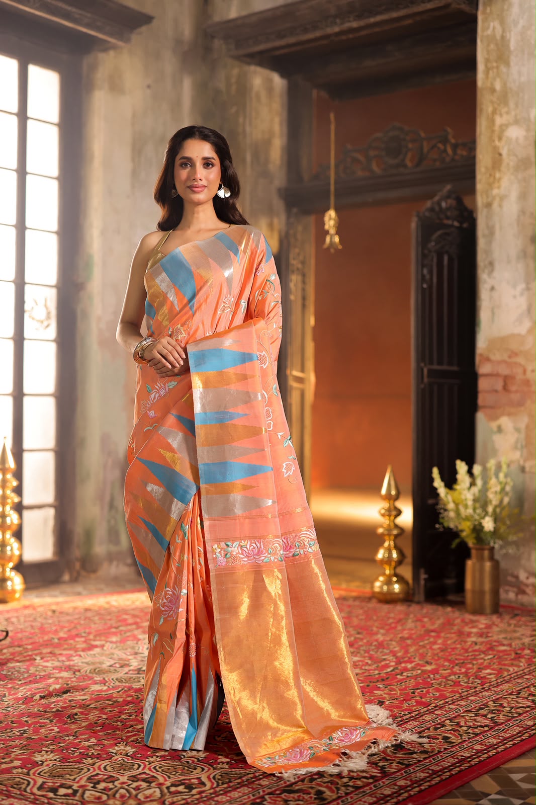 A stupendous kanchivaram silk saree in pastel lavender With authentic Parsi Gara work handmade with pearl/moti work