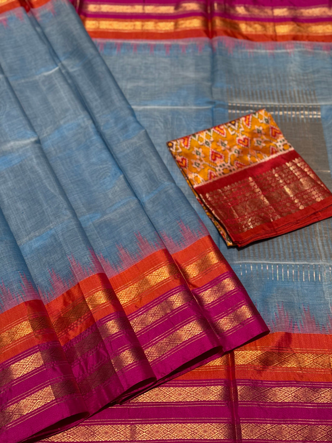 Handspun and handwoven ponduru Khadhi cotton saree with zari checks