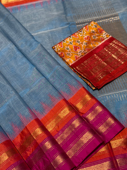 Handspun and handwoven ponduru Khadhi cotton saree with zari checks