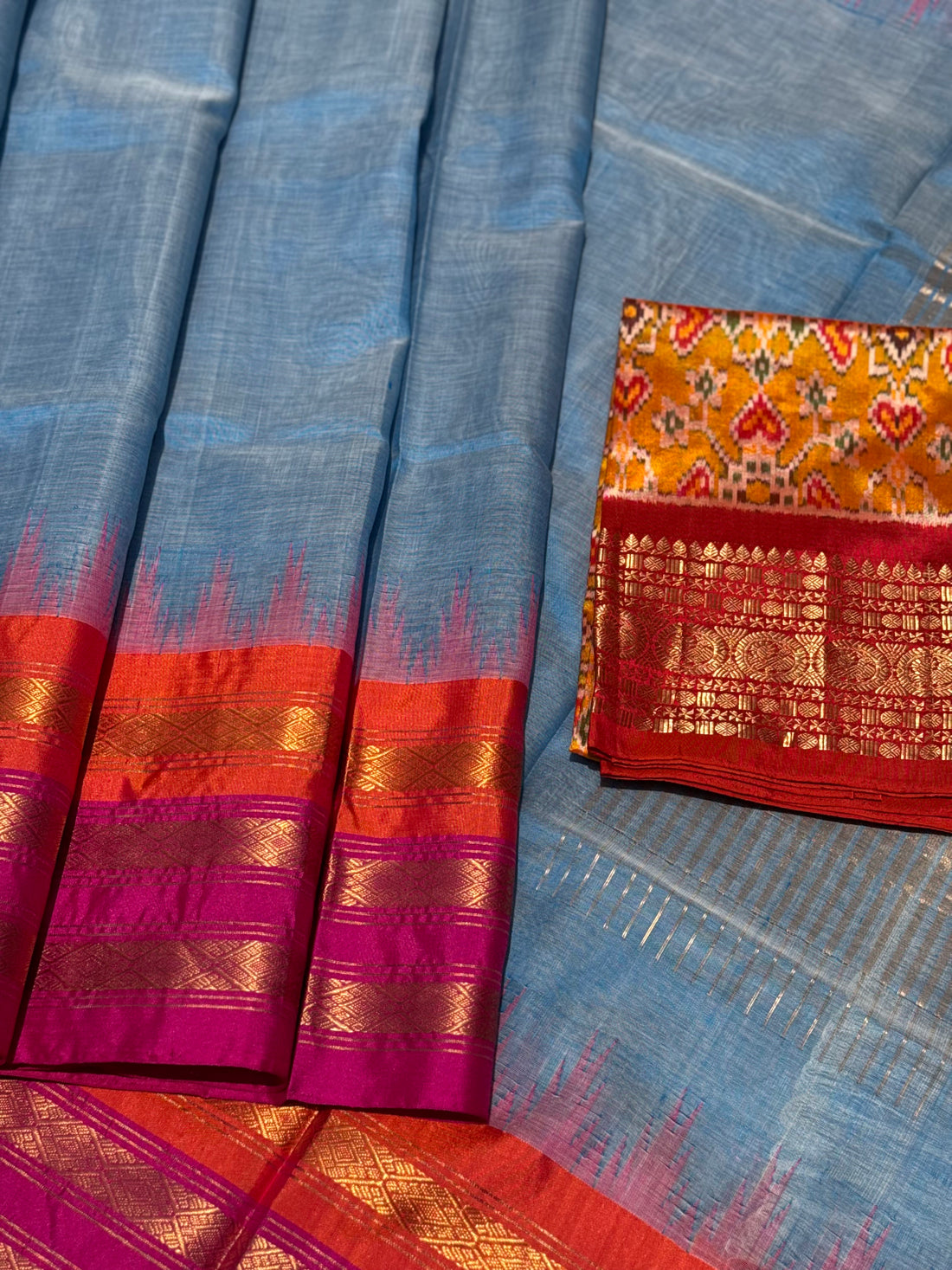 Handspun and handwoven ponduru Khadhi cotton saree with zari checks