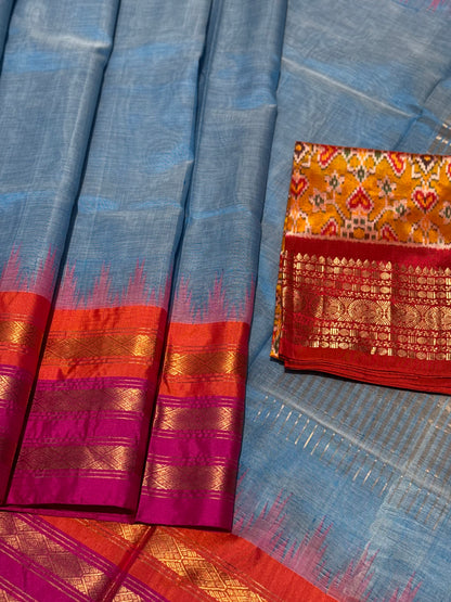 Handspun and handwoven ponduru Khadhi cotton saree with zari checks