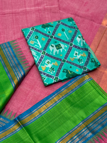 Handspun and handwoven ponduru Khadhi cotton saree with zari checks