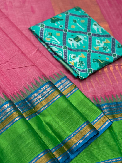 Handspun and handwoven ponduru Khadhi cotton saree with zari checks