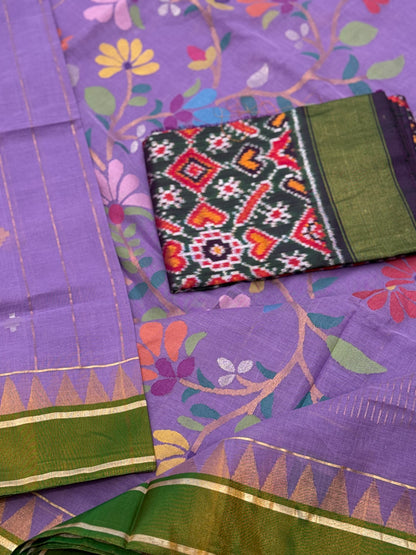 Purple with green  stripes and motifs ponduru Khadhi jamdani saree